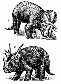 Рис. 37. Мезозойские рептилии: 1 – трицератопс; 2 – стиракозавр