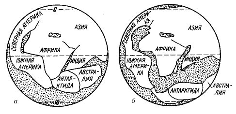 Рис. 8. Материки по Вегенеру: а – поздний карбон; б – мел 