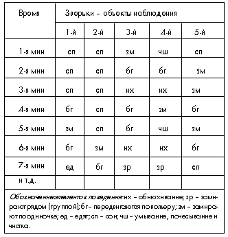 Таблица 2. Временной срез поведения дегу (протокол наблюдения)