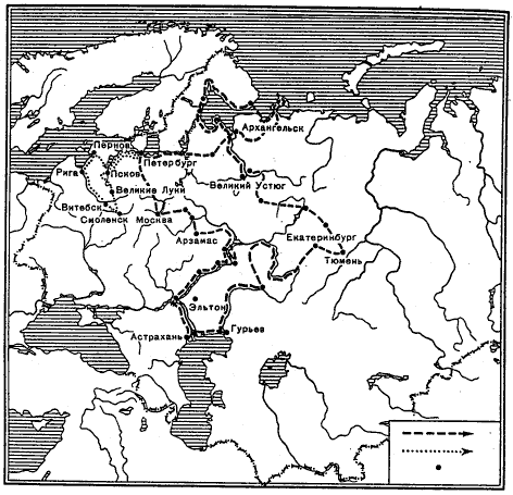 Рис. 1. Карта путешествий И.И. Лепехина