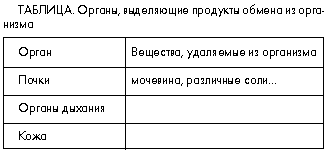 Таблица. Органы, выделяющие продукты обмена из организма