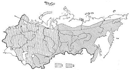 Рис. 8. Ареалы серой (1) и черной (2) ворон