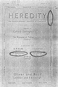 Обложка международного генетического журнала Heredity 1950-х гг. Имя Н.И. Вавилова в виньетке в ряду великих биологов. Российские генетики-эмигранты Феодосий (Theodosius) Добржанский (Добжанский) и Борис Эфрусси в составе редакции. Копия Е.Раменского 