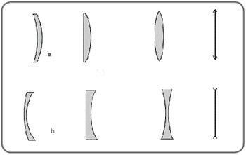 Собирающие (а) и рассеивающие (b) линзы