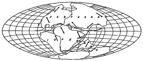 Расположение и направления дрейфа континентов в меловой период