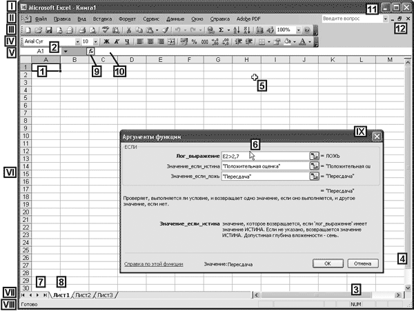 Рис. 3.1. Элементы рабочего окна Microsoft Excel