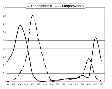 Рис. 4.2. Спектры поглощения хлорофилла а (сплошная) и хлорофилла b (пунктирная линия)